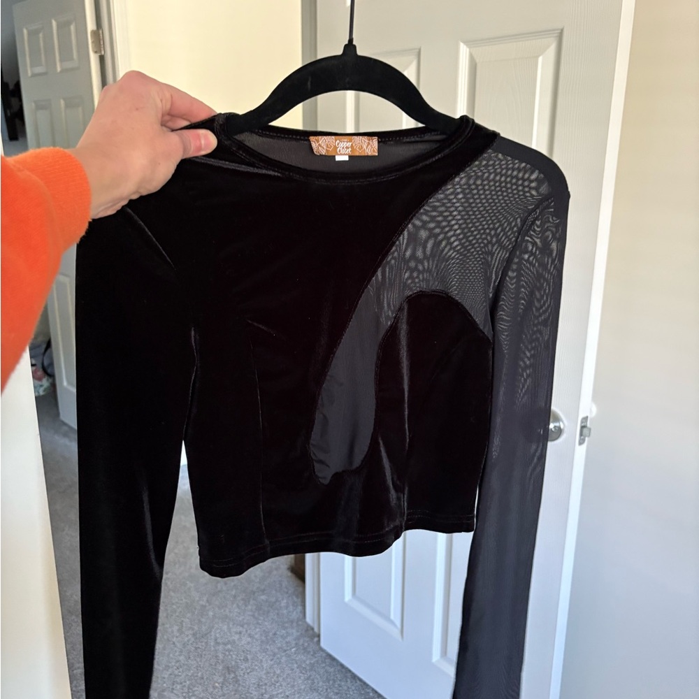 Chic Black Velvet Long Sleeve Blouse